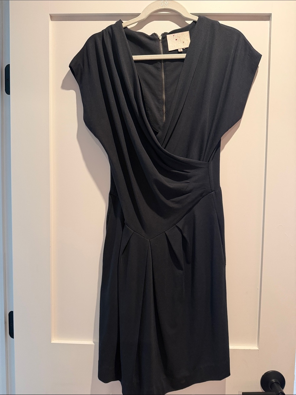 YMC Black Draped V-Neck Midi Dress